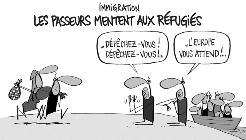 Karikatur über Schleuser, die Flüchtlingen mit falschen Versprechen die Überfahrt nach Europa in Aussicht stellen.